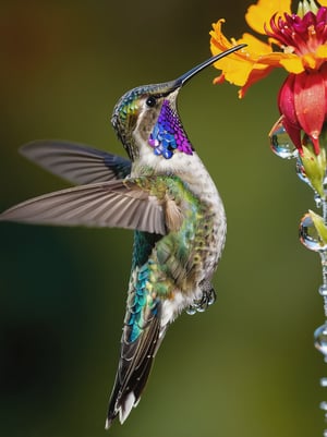 Ultra-high-speed capture of a hummingbird frozen mid-flight, wings suspended in time. Water droplets delicately orbit its beak as it sips nectar from a vibrant flower, iridescent feathers radiating sunlight. The blurred background of lush blooms provides contrast to the sharp focus on the bird's glassy eyes and intricate feather textures. 12K resolution ensures breathtaking detail, with optimal lighting casting a warm glow on the subject, while deep shadows add depth and dimensionality.