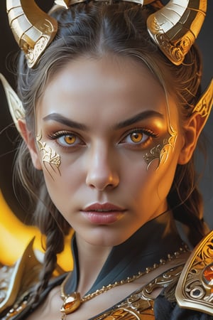 (close up), the face of a woman dressed in demon attire, in the style of light gray and light gold, vibrant illustrations, intricately sculpted, realistic hyper-detailed portraits, white and amber, queencore, depicts real life Wide range of colors., Dramatic,Dynamic,Cinematic,Sharp details Insane quality. Insane resolution. Insane details. Masterpiece. 32k resolution. insane details, (exquisitely beautiful), high definition, intricate design, brilliant composition, (insane detailed glowing bright amber eyes and detailed face)