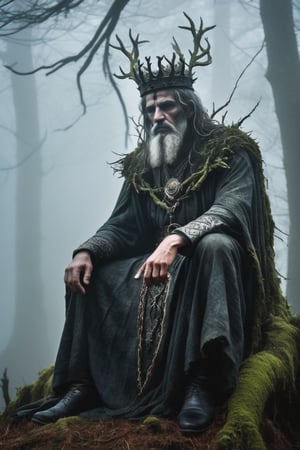 In a shrouded realm of eerie mist, an ancient king sits atop a throne, his weathered face bearing a dark, brooding expression. A jagged, branch-like thorny crown clings to his temples, its twisted branches tangled with vines and moss, as if nature itself sought to consume him. The misty veil obscures the king's features, rendering him an enigmatic figure of foreboding. Amidst this atmosphere of decay and darkness, a faint luminescence emanates from the fog, casting an otherworldly glow upon the scene.