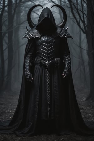 A lone reaper of night emerges from the depths of darkness, shrouded in an ominous cloak woven by slithering black serpents. His body is adorned with intricate, detailed black gothic armor that seems to absorb the faint light, while a hood conceals his face and eyes in an abyss of blackness. Deep shadows writhe around him like phantoms, punctuated by glowing runes and horns that seem to pierce the darkness. The atmosphere is heavy with foreboding, as if nuclear hazard signals a catastrophic event. In this low-key world, insane details converge to create a brilliant composition of dark majesty.