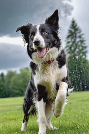 RAW photo, masterpiece, a lively scene of a Border Collie (merle color) eunning, rain, excited and alert expression, standing on a patch of grass, ready to engage in a playful activity.  sky darkening with storm clouds and a few raindrops starting to fall, creating a sense of anticipation and excitement in the air. in a beautiful park with trees swaying in the wind and the scent of rain filling the air, enthusiasm and readiness to play, highly detailed, best quality, high quality, cinematic lights, (insane detailed beautiful eyes and detailed face), (hyper realistic), photorealistic, 12k, insane details, (brilliant composition),more detail XL