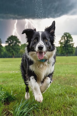 RAW photo, masterpiece, a lively scene of a Border Collie (merle color) eunning, rain, excited and alert expression, standing on a patch of grass, ready to engage in a playful activity.  sky darkening with storm clouds and a few raindrops starting to fall, creating a sense of anticipation and excitement in the air. in a beautiful park with trees swaying in the wind and the scent of rain filling the air, enthusiasm and readiness to play, highly detailed, best quality, high quality, cinematic lights, (insane detailed beautiful eyes and detailed face), (hyper realistic), photorealistic, 12k, insane details, (brilliant composition),more detail XL