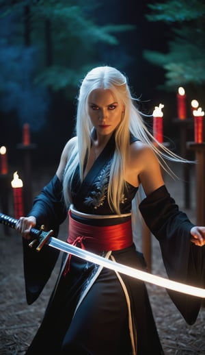 A cinematic masterpiece: Midnight Reckoning. Framed from above, a woman in black attire dominates the ultra-realistic image. Her piercing red-eyes and long white hair partially conceal her intense gaze. The subject wields a glowing blue katana, illuminated by candlelight-like softboxes, Subtle highlights on her gown's embroidery come from LED light strips. In the blurred background, sparks and embers dance in the dimly lit clearing, set against a deep, saturated color palette. The 35mm lens with F/1.2 apperture captures every detail with depth of field, while film grain noise and subtle scratch effects add realism to this ultrarealistic shot.