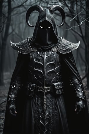 A lone reaper of night emerges from the depths of darkness, shrouded in an ominous cloak woven by slithering black serpents. His body is adorned with intricate, detailed black gothic armor that seems to absorb the faint light, while a hood conceals his face and eyes in an abyss of blackness. Deep shadows writhe around him like phantoms, punctuated by glowing runes and horns that seem to pierce the darkness. The atmosphere is heavy with foreboding, as if nuclear hazard signals a catastrophic event. In this low-key world, insane details converge to create a brilliant composition of dark majesty.