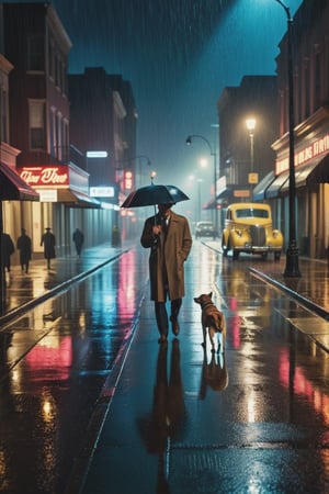 (film noir style), striking image of a dangerous city at night, the wet streets reflect the light from the streetlamps, the city is modern yet desolate feeling, a man walks his dog down the street, (heavy rain), (raining) (deep dark tones), (muted highlights), (vibrant colors), (volumetric), (high quality), (ultra detail), (high resolution), (masterpiece), (complex and beautiful), (exquisitely beautiful), , cinematic, (gorgeous), insane details,  8K, UHD, (brilliant composition), 