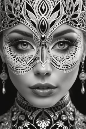 (Black and white), intricate details, close-up of a woman's face with an intricate design, fantasy artwork, detailed patterned skin, abstract fragments, impressive eyes, mixed media, 3D rendering Silver painting, symmetrical beauty, ambient occlusion rendering, psytrance), Detailed Textures, high quality, high resolution, high Accuracy, realism, color correction, Proper lighting settings, harmonious composition, Behance works, goth girl (masterpiece), (best quality), newest ai-generated, ultra-detailed, best shadow,  high contrast, (best illumination, an extremely delicate and beautiful), (cinematic light), hyper detail, dramatic light, intricate details, 8k, very aesthetic,