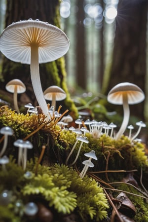 Delve into the enchanting microcosm of "Plants and Fungi" as you explore the delicate beauty of Mycena fungi, . This macro shot reveals the intricate details of the tiny fungi, showcasing their fragile stems and delicate caps with crystal-clear precision. In the foreground, soft flowers add an extra layer of natural charm, their petals framing the fungi like nature's own artwork. Set against a backdrop of the forest floor, the fungi and flowers stand out in sharp focus, while the surrounding environment melts away into the most exquisite bokeh. Small, twinkling bokeh lights in the background, like tiny orbs of magic, create a dreamlike atmosphere that highlights the ethereal beauty of the scene. (geautiful dew on top of fungi and on the ground),This mesmerizing image, shot with a Canon EOS R5 paired with a Canon RF 100mm f/2.8L Macro IS USM lens, captures every fine detail and subtle texture with stunning clarity. Immerse yourself in the hidden wonders of the natural world, where the interplay of light and shadow, combined with the finest bokeh and the charm of foreground flowers, elevates the humble Mycena fungi to a work of art., (dark shot), (deep darks), (deep shadows), (muted highlights), (vibrant colors), (dramatic shadows), insane details, (high quality), (ultra detail), (high resolution), (masterpiece), (complex and beautiful), (exquisitely beautiful), , cinematic, (gorgeous), insane details,  8K, UHD, (brilliant composition), 