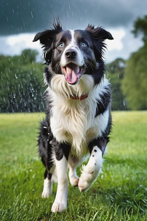 RAW photo, masterpiece, a lively scene of a Border Collie (merle color) eunning, rain, excited and alert expression, standing on a patch of grass, ready to engage in a playful activity.  sky darkening with storm clouds and a few raindrops starting to fall, creating a sense of anticipation and excitement in the air. in a beautiful park with trees swaying in the wind and the scent of rain filling the air, enthusiasm and readiness to play, highly detailed, best quality, high quality, cinematic lights, (insane detailed beautiful blue eyes and detailed face), (hyper realistic), photorealistic, 12k, insane details, (brilliant composition),more detail XL