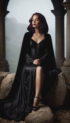 A young woman exudes enigmatic gothic charm in a low-key setting, bathed in moody light. Her plum-hued hair cascades in loose waves around her shoulders as she sits cross-legged on a crumbling stone, gazing downward with contemplative intensity. Wine-painted lips match the deep shadows cast by the cavernous backdrop. Shot from a low angle, her slender profile is highlighted against soft candlelight, while misty fog swirls at her feet, adding depth and mystery. A flowing black velvet cloak, partially hooded, casts half of her face in shadow, creating a hauntingly serene atmosphere with timeless gothic elegance.