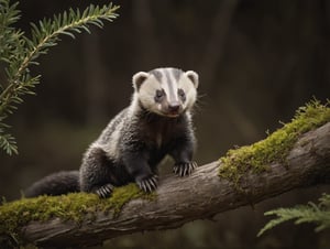 Capture a hyperrealistic full body, of the most adorable baby honey-badger imaginable, perched precariously on a tclearing next to a  branch covered in musk. Frame the shot from a low angle, emphasizing the ibaby honey-badge's cuteness and tiny features. Lighting is crucial - aim for a dark, moody atmosphere with intense shadows and high contrast, utilizing 12K resolution to accentuate every detail. The composition should be simple yet striking, focusing attention on the snake's curious expression. 