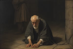 In a dimly lit 16th century Spanish square, under the watchful eyes of Inquisition priests, dramatic scene of a very old wretched beggar kneels in abject terror, his tattered clothes flapping wildly as he's brutally tortured and mocked. Oil paint strokes evoke Rembrandt's mastery, with muted colors heightening foreboding and dread. Chains bind him, as dramatic shadows dance across his distorted features, inviting the viewer into a mystifying realm of despair.