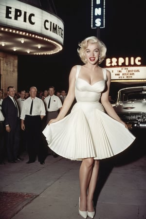 RAW photo, masterpiece, (1960`s style), (full body), epic scene of Marilyn Monroe with skirt lifted,  sexy guilty smile, night, in front of the Cinema, (wearing the epic white sexy dress blowing in the wind), photographers around, film grain, fine scratches,  highly detailed, best quality, high quality, cinematic lights, (finely detailed beautiful eyes and detailed face), (hyper realistic), photorealistic, 12k, insane details, (brilliant composition),