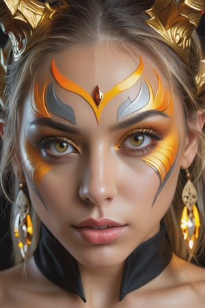 (close up), (macro), the face of a woman dressed in demon attire, in the style of light gray and light gold, vibrant illustrations, intricately sculpted, realistic hyper-detailed portraits, white and amber, queencore, depicts real life Wide range of colors., Dramatic,Dynamic,Cinematic,Sharp details Insane quality. Insane resolution. Insane details. Masterpiece. 32k resolution. insane details, (exquisitely beautiful), high definition, intricate design, brilliant composition, (insane detailed glowing bright amber eyes and detailed face)