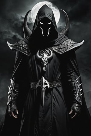 A lone reaper of night emerges from the depths of darkness, shrouded in an ominous cloak woven by slithering black serpents. His body is adorned with intricate, detailed black gothic armor that seems to absorb the faint light, while a hood conceals his face and eyes in an abyss of blackness. Deep shadows writhe around him like phantoms, punctuated by glowing runes and horns that seem to pierce the darkness. The atmosphere is heavy with foreboding, as if nuclear hazard signals a catastrophic event. In this low-key world, insane details converge to create a brilliant composition of dark majesty.