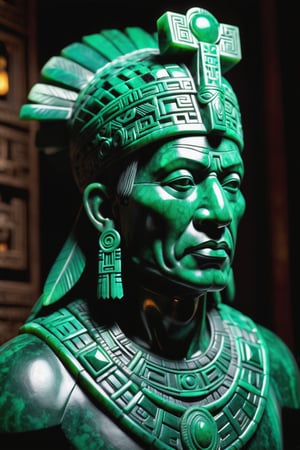 A somber, dark-framed jade sculpture of a (Aztec elder's upper body), rendered in exquisite detail on a rich jade sculpture. Bold black outlines define the subject's features, as he looks away with a defeated gaze, his eyes and face a masterpiece of intricate details. The bright backlighting accentuates the traditional patterns adorning his jade clothes and accessories. In the extreme background, the composition converges to create an immersive, Indigenous-inspired scene, showcasing 12K-level detail and insane attention to minute particulars.