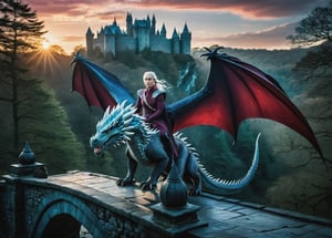 Daenerys Targaryen soars on the back of a majestic huge ice-throwing dragon, its ice illuminating her regal visage. She fly on the back of dragon, full-body shot above a weathered stone bridge, set against a dark forest backdrop with a distant castle's silhouette. Vibrant hues dance across her attire as cinematic lights cast dramatic shadows. The composition is masterful, intricate design elements woven throughout. Finely detailed features, exquisitely beautiful, in 12K HDR, cinemascope, volumetric depth.