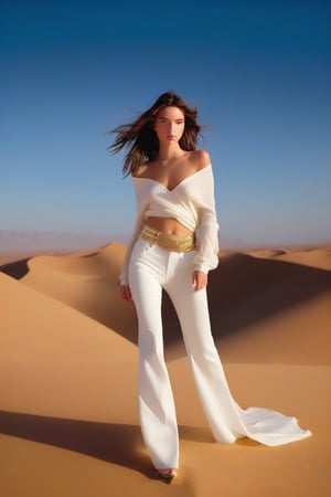 Photo-realistic, Ultra realistic full body photo of gorgeous 18 years old brunette girl, sexy model, (model pose) wearing donna karan upscale white and gold transparent denim dolman sleeve outfit and jewelry in heavy wind in a desert, (standing next to a camel), epic, masterpiece, brilliant composition
