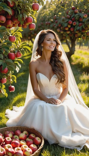 In this breathtakingly vivid scene, a stunning bride lounges on a crisp white blanket amidst a sea of vibrant red apples, her long hair cascading down her back like a waterfall of night. As golden hour's warm sunlight bathes the orchard, her hand rests on her chin, conveying carefree joy. Lush green trees heavy with ripe fruit tower above, their leaves glowing softly in harmony with the tender hue of her stunning wedding dress and veil. The atmosphere is idyllic, inviting the viewer to step into a serene summer's day where abundance and tranquility reign supreme.