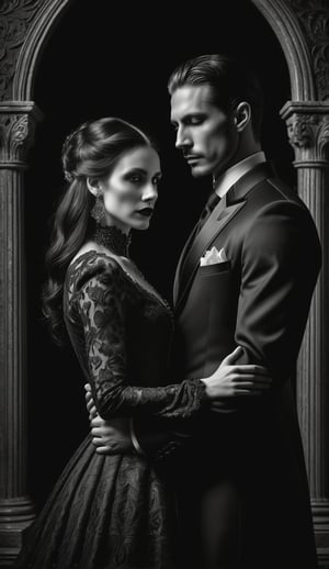 Grayscale, monochrome, a hauntingly beautiful Gothic-inspired portrait of a gorgeous couple amidst a dark, ornate backdrop, shrouded in mystery and regret. The striking pair, dressed in somber velvet attire, stands out against the stark, black-on-black background, their faces etched with deep emotions. Dramatic shadows dance across their features, as if consumed by the darkness that surrounds them. In this 12K resolution masterpiece, every detail is rendered in exquisite detail, a testament to the power of black and white photography.