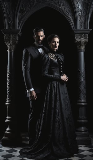 A hauntingly beautiful Gothic-inspired portrait of a gorgeous couple amidst a dark, ornate backdrop, shrouded in mystery and regret. The striking pair, dressed in somber velvet attire, stands out against the stark, black-on-black background, their faces etched with deep emotions. Dramatic shadows dance across their features, as if consumed by the darkness that surrounds them. In this 12K resolution masterpiece, every detail is rendered in exquisite detail, a testament to the power of black and white photography.