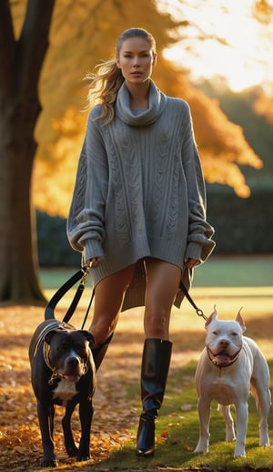 A cinematic masterpiece unfolds: a stunning woman, ponytail flowing like a golden waterfall, poses amidst the park's autumnal foliage. She wears an oversized sweater, its softness contrasting with her sultry gaze, as she sashays in high-heeled boots. She was walking two Pitbull dogs on leash, the sun rises over the treetops, casting warm, golden light upon her porcelain skin. The camera captures every intricate detail, from the delicate shadows on her face to the sharp focus on her captivating features. As the darkness of night slowly recedes, the scene transforms into a breathtaking 12k HDR image, perfect for a dramatic wallpaper.