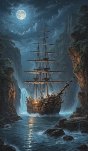 A dreamlike landscape bathed in the soft glow of a blue moon and stars, where a ghostly pirate ship teeters precariously at the edge of a high waterfall. The scene is set against a backdrop of dark night, with thick brushstrokes characteristic of oil painting techniques used to create a sense of depth and texture. The composition is masterfully crafted, with elements of high contrast and brilliant design guiding the viewer's eye through the intricate details. Oil on canvas, 12k resolution, capturing the essence of romantic impressionism.