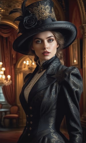 full body, (fine art photography, realistic), (dynamic angle),, sharp focus, volumetric, insane ornate, cconcept art, Dark fantasy, victorian gorgeous young lady wearing hat, Infuse the artwork with an atmosphere of mysterious elegance and daring adventure, spirit of Victorian-era, mysterious, epic, cinematic, digital art, 3d rendering, concept art. ,cinematic light,  (newest ai-generated),  best shadow, (fine digital artwork), high contrast, (best illumination, extremely delicate and beautiful), (finely detailed beautiful eyes and detailed face), (vibrant colors), epic, 32k, insane details, (brilliant composition), 