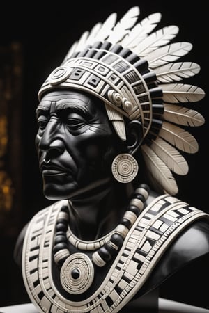 A somber, dark-framed obsidian sculpture of a (Aztec elder's upper body), rendered in exquisite detail on a rich obsidian sculpture. Bold black outlines define the subject's features, as he looks away with a defeated gaze, his eyes and face a masterpiece of intricate details. The bright backlighting accentuates the traditional patterns adorning his ivory clothes and accessories. In the extreme background, the composition converges to create an immersive, Indigenous-inspired scene, showcasing 12K-level detail and insane attention to minute particulars.