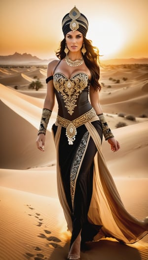 A majestic warrior princess strides confidently into view, her Arabian Nights-inspired attire a masterpiece of damask fabrics, gold, beige, and black. Her hair is intricately tied within the stunning turban crown, adorned with precious gems. The corseted bodice showcases her toned physique as she walks towards the viewer, veil flowing behind her like a river of silk. Against the breathtaking backdrop of sandy dunes bathed in the warm glow of sunset, misty tendrils dance across the horizon, as if the very essence of the mystical desert had been distilled into this enchanting scene.