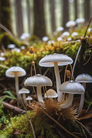 Delve into the enchanting microcosm of "Plants and Fungi" as you explore the delicate beauty of Mycena fungi, . This macro shot reveals the intricate details of the tiny fungi, showcasing their fragile stems and delicate caps with crystal-clear precision. In the foreground, soft flowers add an extra layer of natural charm, their petals framing the fungi like nature's own artwork. Set against a backdrop of the forest floor, the fungi and flowers stand out in sharp focus, while the surrounding environment melts away into the most exquisite bokeh. Small, twinkling bokeh lights in the background, like tiny orbs of magic, create a dreamlike atmosphere that highlights the ethereal beauty of the scene. (geautiful dew on top of fungi and on the ground),This mesmerizing image, shot with a Canon EOS R5 paired with a Canon RF 100mm f/2.8L Macro IS USM lens, captures every fine detail and subtle texture with stunning clarity. Immerse yourself in the hidden wonders of the natural world, where the interplay of light and shadow, combined with the finest bokeh and the charm of foreground flowers, elevates the humble Mycena fungi to a work of art., (dark shot), (deep darks), (deep shadows), (muted highlights), (vibrant colors), (dramatic shadows), insane details, (high quality), (ultra detail), (high resolution), (masterpiece), (complex and beautiful), (exquisitely beautiful), , cinematic, (gorgeous), insane details,  8K, UHD, (brilliant composition), 