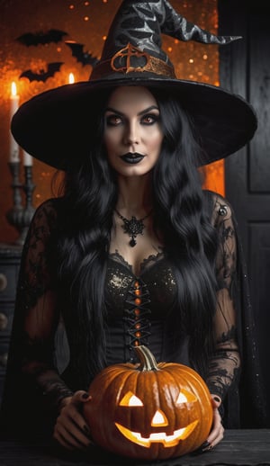 in a dimly lit, a gorgeous witch with black hair on Halloween, holding a pumpkin, the pumpkin has glowing eyes and mouth, in bronze-monochrome glitter, background: dark creppy goth room, ciarobscuro, best dramatic shadows, dark shot, 12k resolution, finely detailed expresive eyes and detailed face, 