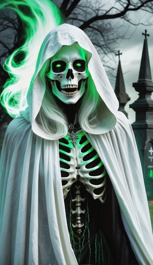 digital art, upper body, in a dimly lit, a monstrous skeletal woman with green glowing eyes and white whispy hair billowing in the wind wearing ragged white cloak screeching in a cemetery , green theme, horror (theme), best dramatic shadows, insane details, dark shot, 12k.