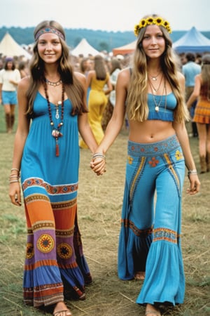 2girls, (full body), gorgeous 18 years old girls dancing, holding hands, at Woodstock Festival, 1969 s style, 1969s hippie cloth style, hipple and boho fashion 1969s, hippie chic, hippie fashion, hippie and boho fashion 1969s,  1969 s vibe, bohemian fashion, hippie, (finely detailed beautiful eyes and detailed face), (vibrant colors), intricate design, 32k, ultra hd, realistic, highly detailed,  best quality, cinematic lighting, photorealistic, hyperrealistic, high definition, extremely detailed, insane details (finely detailed beautiful eyes and detailed face), (brilliant composition), 