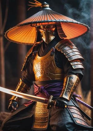 In a dimly lit, ethereal smoky backdrop, a full body Cyborg Samurai stands defiantly, leaning forward with a drunken fist clutched around an oversized sedge hat. The macro lens captures the intricate details of their translucent amber cyborg visage, illuminated by atmospheric haze and eye-catching light leaks. A katana glows in mid-air, its translucent orange/purple/black hue shimmering like molten lava. The shallow depth of field isolates the subject, while film grain and cinematic texture, vintage RAW photo., the Cyborg Samurai exudes a sense of moody grandeur in this photorealistic, high-budget cinemascope image.
