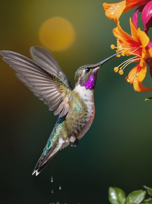 Ultra-high-speed capture of a hummingbird frozen mid-flight, wings suspended in time. Water droplets delicately orbit its beak as it sips nectar from a vibrant flower, iridescent feathers radiating sunlight. The blurred background of lush blooms provides contrast to the sharp focus on the bird's glassy eyes and intricate feather textures. 12K resolution ensures breathtaking detail, with optimal lighting casting a warm glow on the subject, while deep shadows add depth and dimensionality.