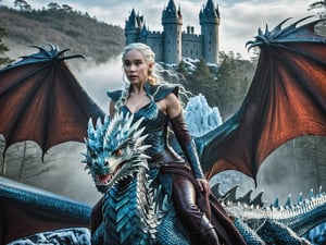 Daenerys Targaryen fly majestically on the back of her magnificent (huge ice-throwing dragon in flight), its scales glistening in the vibrant light. Her full-body pose exudes confidence as she gazes out upon a castle spanning a misty forest. The dark background serves as a dramatic canvas for her ultra-detailed face, finely chiseled features illuminated by cinematic lights that dance across her skin. Insane details on the dragon's scales and Daenerys' clothing shimmer in 12K HDR, while perfect composition and best illumination create an exquisitely beautiful masterpiece., volumetric, cinemascope