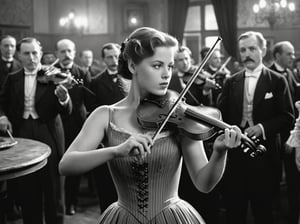 1900s movie scene, a Saloon Violinist girl, playing violin in the crowded sallon from 1900,  1900s silent movie style, grayscale, (film grain and fine scratches) , brilliant composition, perfect illumination, perfect shadows, epic, masterpiece, (finely detailed expresive eyes and detailed face), (hyperrealism), (exquisitely beautiful), insane details, 12K, brilliant composition, (best illumination), (best shadows), 
