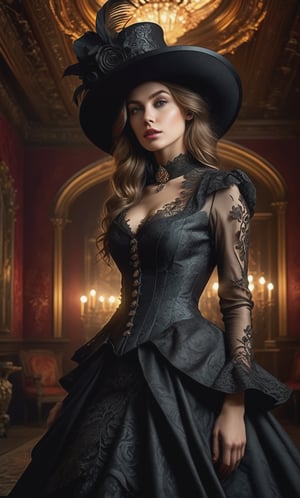 full body, (fine art photography, realistic), (dynamic angle),, sharp focus, volumetric, insane ornate, cconcept art, Dark fantasy, victorian gorgeous young lady wearing hat, Infuse the artwork with an atmosphere of mysterious elegance and daring adventure, spirit of Victorian-era, mysterious, epic, cinematic, digital art, 3d rendering, concept art. ,cinematic light,  (newest ai-generated),  best shadow, (fine digital artwork), high contrast, (best illumination, extremely delicate and beautiful), (finely detailed beautiful eyes and detailed face), (vibrant colors), epic, 32k, insane details, (brilliant composition), 