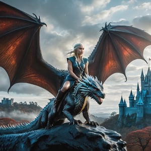 Daenerys Targaryen fly majestically on the back of her magnificent huge ice-throwing dragon in flight, its scales glistening in the vibrant light. Her full-body pose exudes confidence as she gazes out upon a castle spanning a misty forest. The dark background serves as a dramatic canvas for her ultra-detailed face, finely chiseled features illuminated by cinematic lights that dance across her skin. Insane details on the dragon's scales and Daenerys' clothing shimmer in 12K HDR, while perfect composition and best illumination create an exquisitely beautiful masterpiece., volumetric, cinemascope