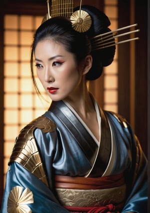 Medium shot of a Japanese samurai geisha looking up, her beautiful face illuminated by soft, fantasy studio lighting that creates perfect balance between highlights and shadows. Her upper body is clad in intricate leather armor, complemented by a flowing silk robe that drapes elegantly around her shoulders. The camera frames her from above, emphasizing the majestic architecture of her features. The 3D rendering boasts photorealistic details, with imperial colors radiating an aura of luxury and beauty.