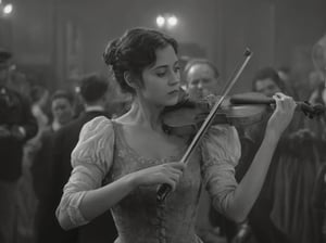 1900s movie scene, a Saloon Violinist girl, playing violin in the crowded sallon from 1900,  1900s silent movie style, grayscale, (film grain and fine scratches) , brilliant composition, perfect illumination, perfect shadows, epic, masterpiece, (finely detailed expresive eyes and detailed face), (hyperrealism), (exquisitely beautiful), insane details, 12K, brilliant composition, (best illumination), (best shadows), 