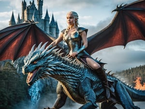 Daenerys Targaryen fly majestically on the back of her magnificent (huge ice-throwing dragon in flight), its scales glistening in the vibrant light. Her full-body pose exudes confidence as she gazes out upon a castle spanning a misty forest. The dark background serves as a dramatic canvas for her ultra-detailed face, finely chiseled features illuminated by cinematic lights that dance across her skin. Insane details on the dragon's scales and Daenerys' clothing shimmer in 12K HDR, while perfect composition and best illumination create an exquisitely beautiful masterpiece., volumetric, cinemascope