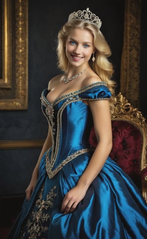 (upper body), (Rembrandt style), professional colorful photo of a gorgeous 18 years old princess, perfect face, very long blond hair, cleavage, dark shot, dramatic, extremely detailed, intricate, elegant, donning an elegant and  sophisticated Victorian dress with intricate details, a wide neckline and bare shoulders,, very detailed, detailed tiara with diamonds, tight waist, (elegant shoes), mysteryous seductive smile, cinematic lighting,high contrast, dramatic shadows, dark shot, (vibrant colors), extremely detailed  8k , hyperrealistic, high definition,  cinematic, UHD, HDR, 32k, ultra hd, realistic, photorealistic, highly detailed, (perfect composition), beautiful detailed, (full body in frame), insane details (finely detailed beautiful blue eyes and detailed face), (brilliant composition)