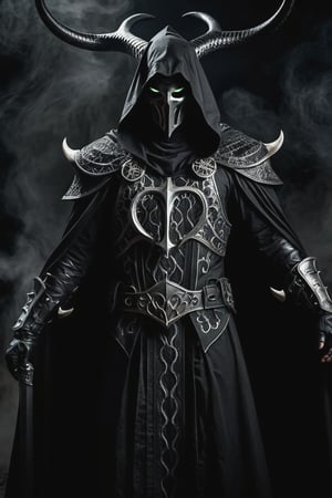 A lone reaper of night emerges from the depths of darkness, shrouded in an ominous cloak woven by slithering black serpents. His body is adorned with intricate, detailed black gothic armor that seems to absorb the faint light, while a hood conceals his face and eyes in an abyss of blackness. Deep shadows writhe around him like phantoms, punctuated by glowing runes and horns that seem to pierce the darkness. The atmosphere is heavy with foreboding, as if nuclear hazard signals a catastrophic event. In this low-key world, insane details converge to create a brilliant composition of dark majesty.