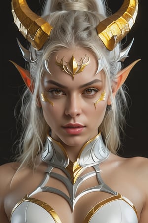the face of a woman dressed in demon attire, in the style of light gray and light gold, vibrant illustrations, intricately sculpted, realistic hyper-detailed portraits, white and amber, queencore, depicts real life Wide range of colors., Dramatic,Dynamic,Cinematic,Sharp details Insane quality. Insane resolution. Insane details. Masterpiece. 32k resolution. insane details, (exquisitely beautiful), high definition, intricate design, brilliant composition, 