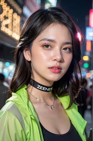 1girl, solo, indonesian girl, (Zee_JKT48), taken with 35mm lens, professional photo, vibrant and vivid color, (bokeh:1.1), a girl 22 y.o, looking at viewer, portrait, big firm breast, wearing street-futuristic jacket, in a night city resemblances Hunger Games Capitol, Cyberpunk 2077, Neon lights, fluorescent green glow jacket, cinematic, film look, photorealistic, Masterpiece, Extremely Realistic, Raw Photo,flash