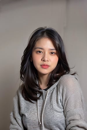 1girl, solo, indonesian girl, (Zee_JKT48), taken with 35mm lens, portrait, solid gray background, professional photo, girl 20 y.o, looking at viewer, parted lips, medium firm breast, smooth skin, wearing white hoodie, photorealistic, Masterpiece, Extremely Realistic, Raw Photo