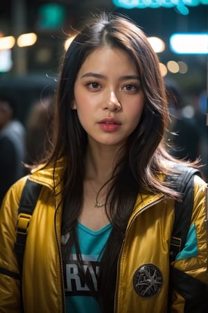 1girl, solo, indonesian girl, (Zee_JKT48), taken with 35mm lens, professional photo, (bokeh:1.1), a girl 22 y.o, looking at viewer, portrait, wearing street-futuristic jacket, in a night city resemblances Hunger Games Capitol, Cyberpunk 2077, Neon lights in background, cinematic, film look, muted color, (saturation:0.8), photorealistic, Masterpiece, Extremely Realistic, Raw Photo,flash