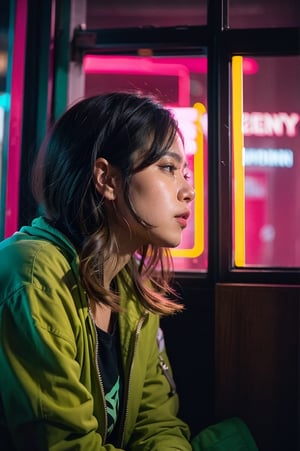 1girl, solo, indonesian girl, (Zee_JKT48), taken with 35mm lens, professional photo, vibrant and vivid color, (bokeh:1.1), a girl 22 y.o, viewed_from_side, big firm breast, gaze at window inside a dark room apartment building, in a night city resemblances Hunger Games Capitol, Cyberpunk 2077, Neon lights in harmony color combination of pink and purple, vivid color, cinematic, film look, photorealistic, Masterpiece, Extremely Realistic, Raw Photo,flash