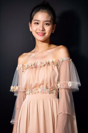 beautiful girl 20 years old, (Zee_JKT48, zeeJKT48), (cowboy shot), pale skin, (solid dark background:1.4), looking at viewer, smile, (realistic:1.9), slender body,(detailed skin, detailed clothing, detailed texture:1.4), wearing a ((off-the-shoulder A-line dress in a sweet peach tone, accented with floral appliqués and a tulle overlay)), Raw Photo, (high quality:1.4)